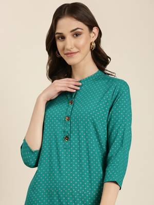 women's calf length mandarin collar teal geometric straight kurta 1