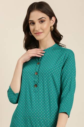 women's calf length mandarin collar teal geometric straight kurta