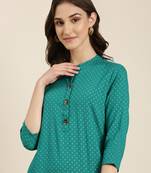 women's calf length mandarin collar teal geometric straight kurta