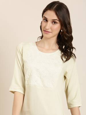 women's calf length round neck cream solid straight kurta 1