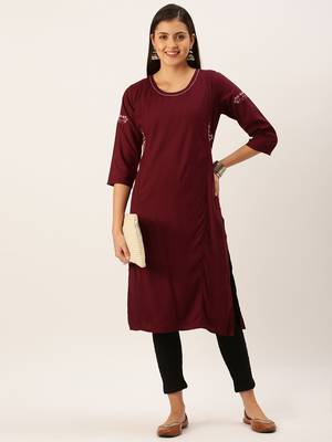 women's calf length round neck magenta solid straight kurta 5