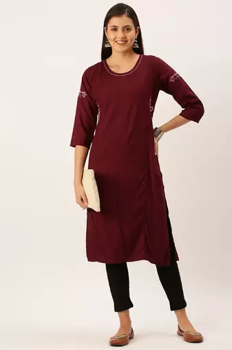 women's calf length round neck magenta solid straight kurta