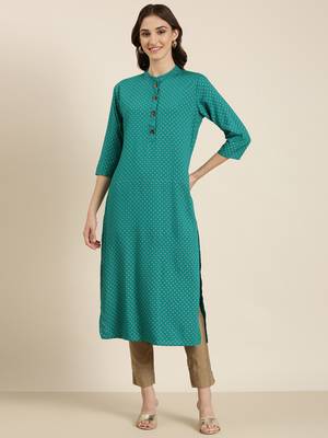 women's calf length mandarin collar teal geometric straight kurta 2