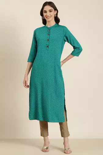 women's calf length mandarin collar teal geometric straight kurta