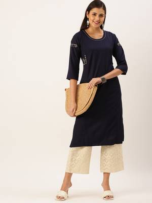 women's calf length round neck navy blue solid straight kurta 1