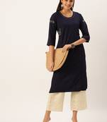 women's calf length round neck navy blue solid straight kurta