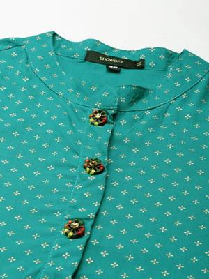 women's calf length mandarin collar teal geometric straight kurta 3
