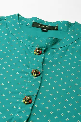women's calf length mandarin collar teal geometric straight kurta