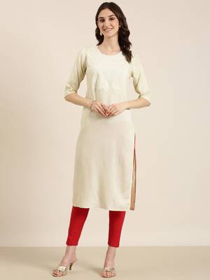 women's calf length round neck cream solid straight kurta 2