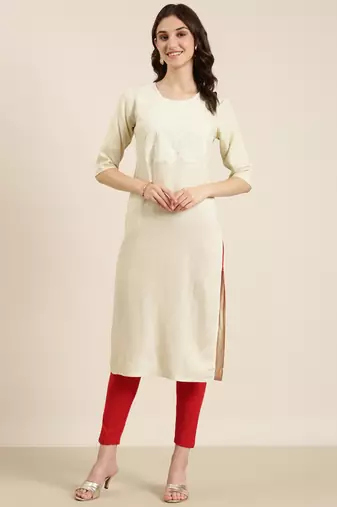 women's calf length round neck cream solid straight kurta
