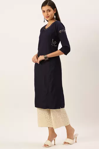 women's calf length round neck navy blue solid straight kurta