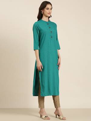 women's calf length mandarin collar teal geometric straight kurta 4