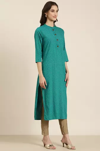 women's calf length mandarin collar teal geometric straight kurta