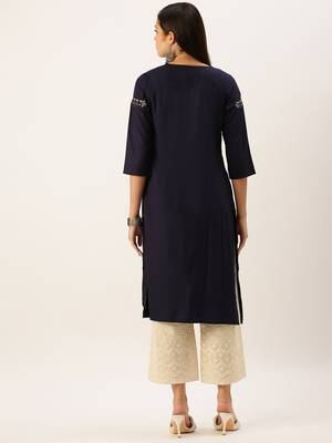 women's calf length round neck navy blue solid straight kurta 3