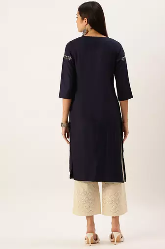 women's calf length round neck navy blue solid straight kurta