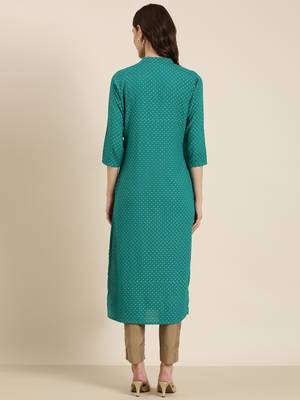women's calf length mandarin collar teal geometric straight kurta 5