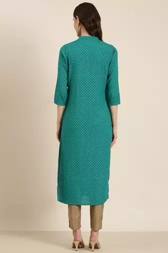women's calf length mandarin collar teal geometric straight kurta