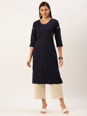 women's calf length round neck navy blue solid straight kurta 4