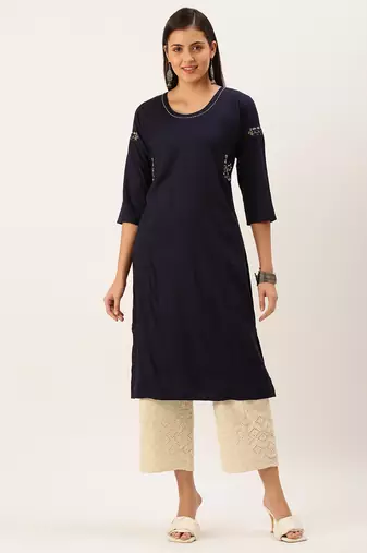women's calf length round neck navy blue solid straight kurta