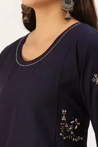women's calf length round neck navy blue solid straight kurta