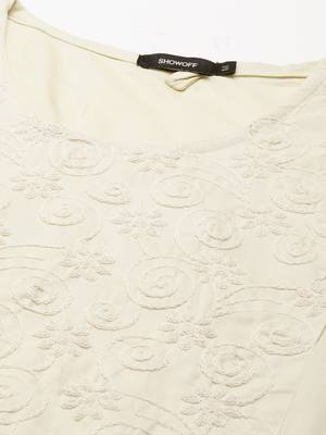 women's calf length round neck cream solid straight kurta 3