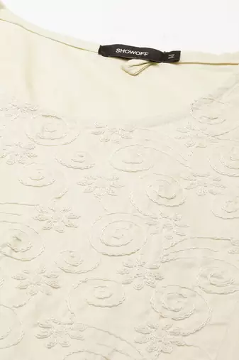 women's calf length round neck cream solid straight kurta