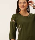 women's calf length round neck olive solid straight kurta