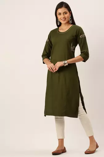 women's calf length round neck olive solid straight kurta