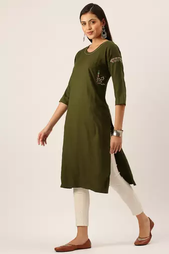 women's calf length round neck olive solid straight kurta