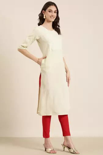 women's calf length round neck cream solid straight kurta