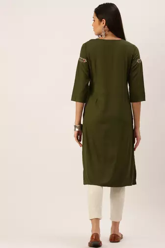 women's calf length round neck olive solid straight kurta