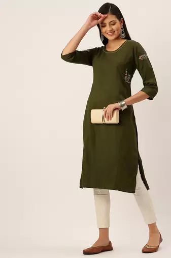 women's calf length round neck olive solid straight kurta