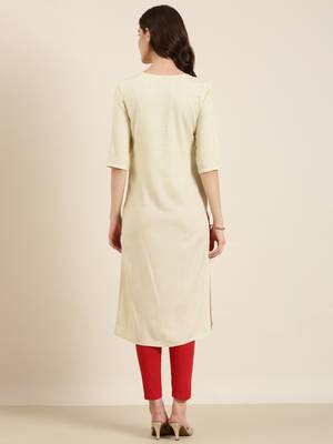 women's calf length round neck cream solid straight kurta 5