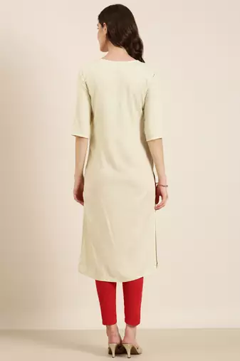 women's calf length round neck cream solid straight kurta