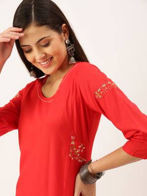 women's calf length round neck red solid straight kurta 1