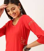 women's calf length round neck red solid straight kurta