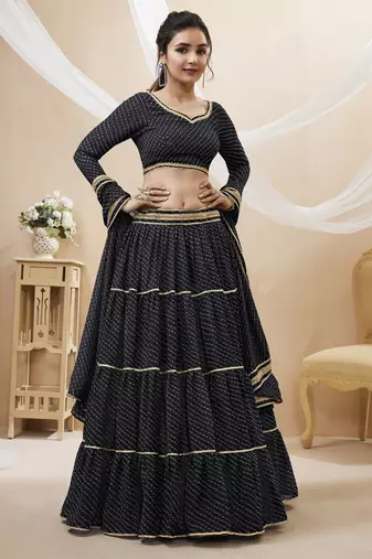 exquisite black laheriya print georgette lehenga set choli with dupatta