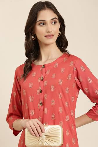 women's knee length round neck coral floral straight kurta