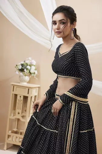 exquisite black laheriya print georgette lehenga set choli with dupatta