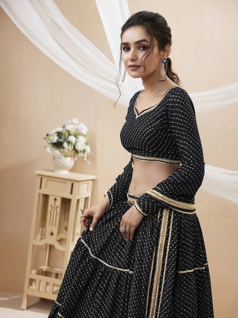 Exquisite Black Laheriya Print Georgette Designer Lehenga Choli