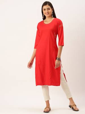 women's calf length round neck red solid straight kurta 2