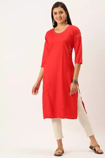 women's calf length round neck red solid straight kurta