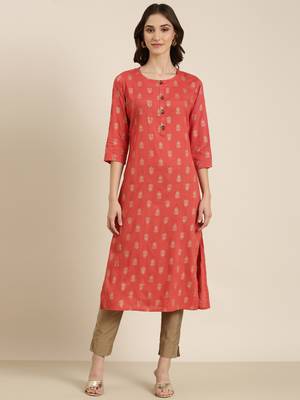 women's knee length round neck coral floral straight kurta 2