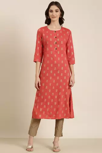 women's knee length round neck coral floral straight kurta