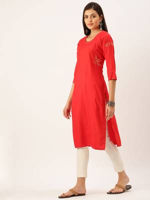 women's calf length round neck red solid straight kurta 3