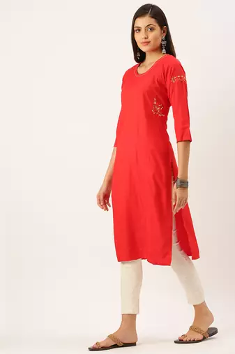 women's calf length round neck red solid straight kurta