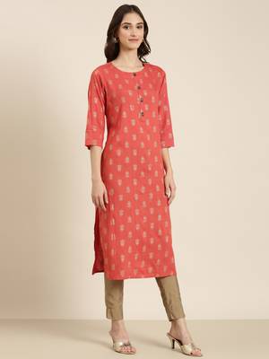 women's knee length round neck coral floral straight kurta 4
