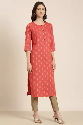 women's knee length round neck coral floral straight kurta