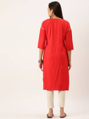 women's calf length round neck red solid straight kurta 4