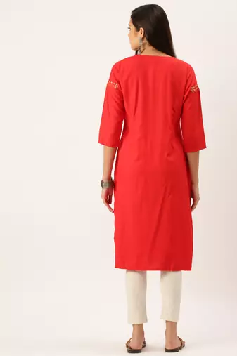 women's calf length round neck red solid straight kurta